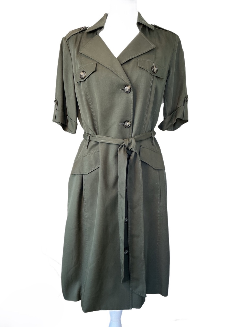 Tahari Olive Green Short-Sleeve Belted Midi Coat Dress Safari Pockets